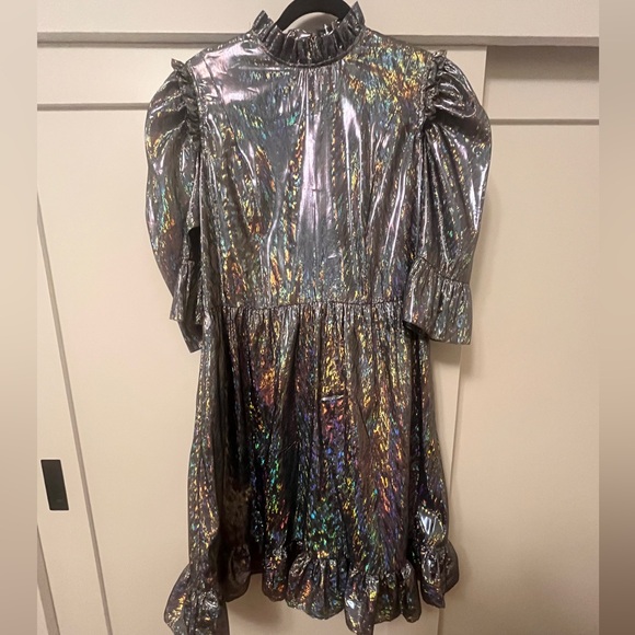 Batsheva Mini Prairie Dress In Silver Holographic Lamè - Picture 5 of 10